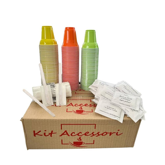KIT ACCESSORI 150 Bicchieri di Plastica, 150 Bustine di zucchero, 150 Palette di Legno